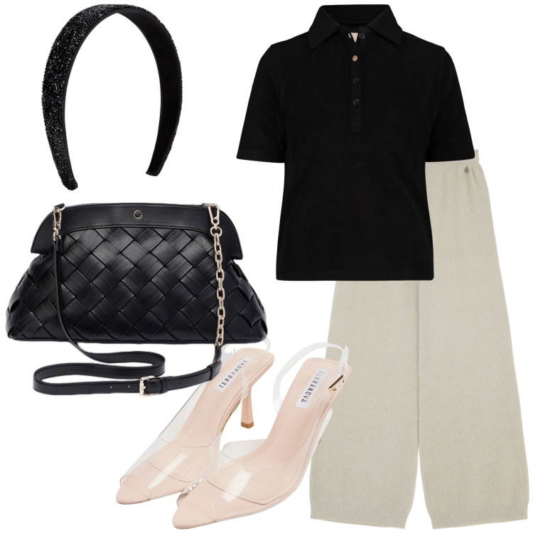 Outfit donna - Semplicemente di classe. Stile Bon Ton per Ufficio. Abbinamento con sandali col tacco, pantaloni, polo, clutch, cerchietti.