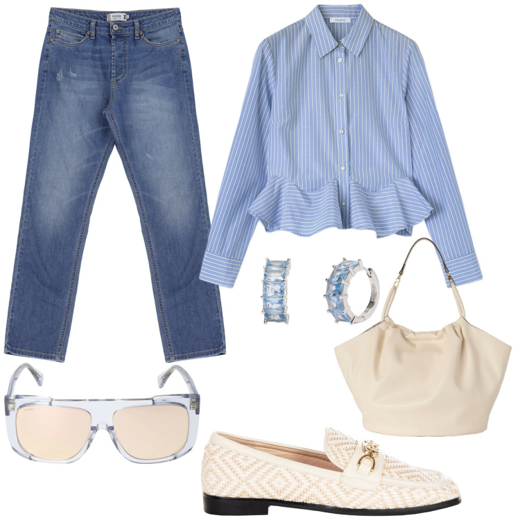 Outfit donna - Pratica ma femminile. Stile Casual per Tutti i giorni. Abbinamento con orecchini, mocassini, jeans dritti, camicie, borse a secchiello, occhiali da sole.