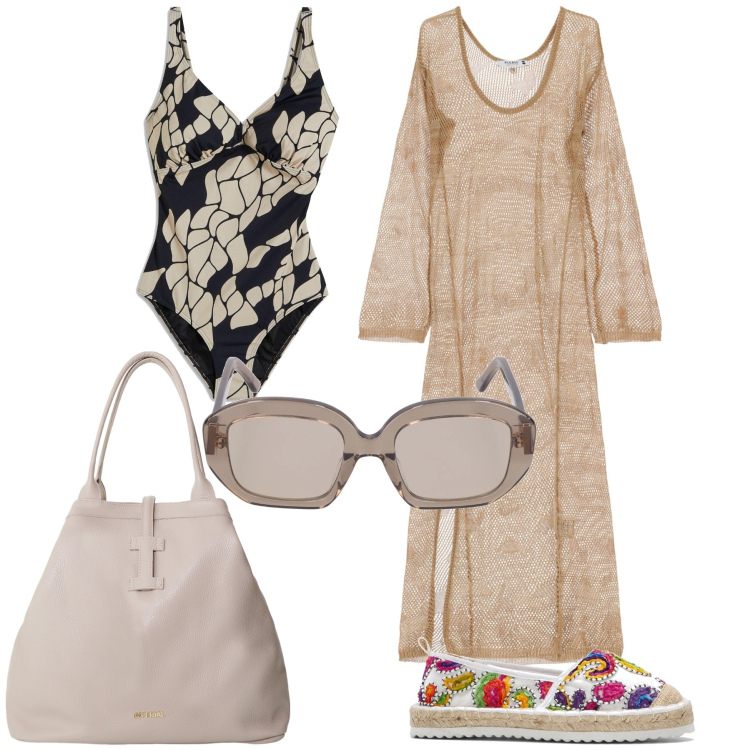 Outfit donna - Mare fuori. Stile Trendy per Mare. Abbinamento con costumi interi, espadrillas, vestiti lunghi, borse tote, occhiali da sole.