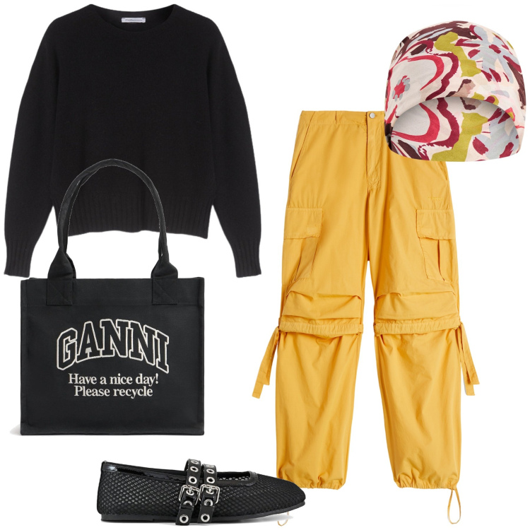 Outfit donna - Parachute pants. Stile Casual chic per Tutti i giorni. Abbinamento con sciarpe, pantaloni cargo, ballerine, shopping bag, maglieria.