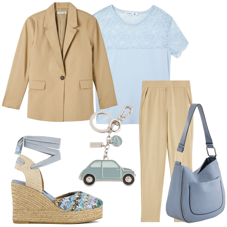 Outfit donna - Chic ogni giorno. Stile Chic per Tutti i giorni. Abbinamento con blazer, t-shirt, pantaloni, sandali col tacco, borse a tracolla, portachiavi.