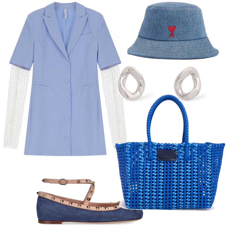 Outfit donna - Total look. Stile Trendy per Tutti i giorni. Abbinamento con vestiti corti, orecchini, cappelli, ballerine, shopping bag.
