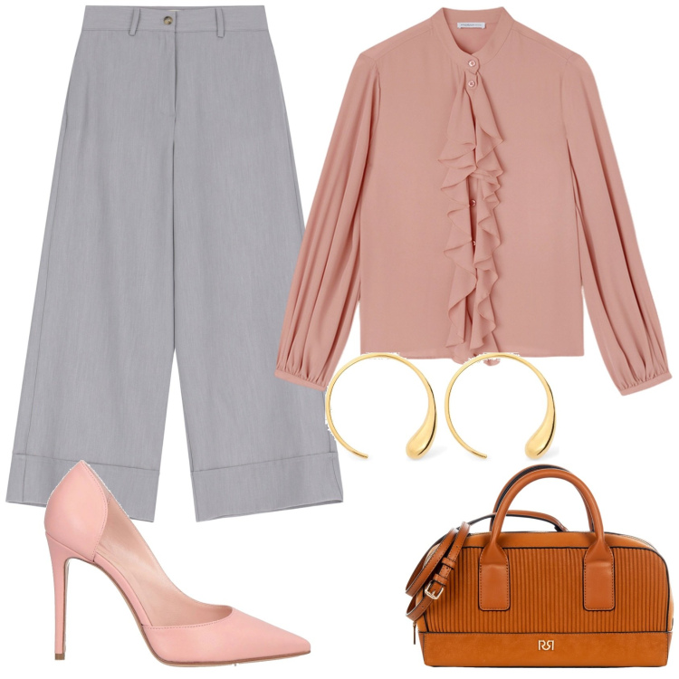 Outfit donna - In ufficio. Stile Casual chic per Ufficio. Abbinamento con décolleté, borse a mano, pantaloni a palazzo, orecchini, camicie.