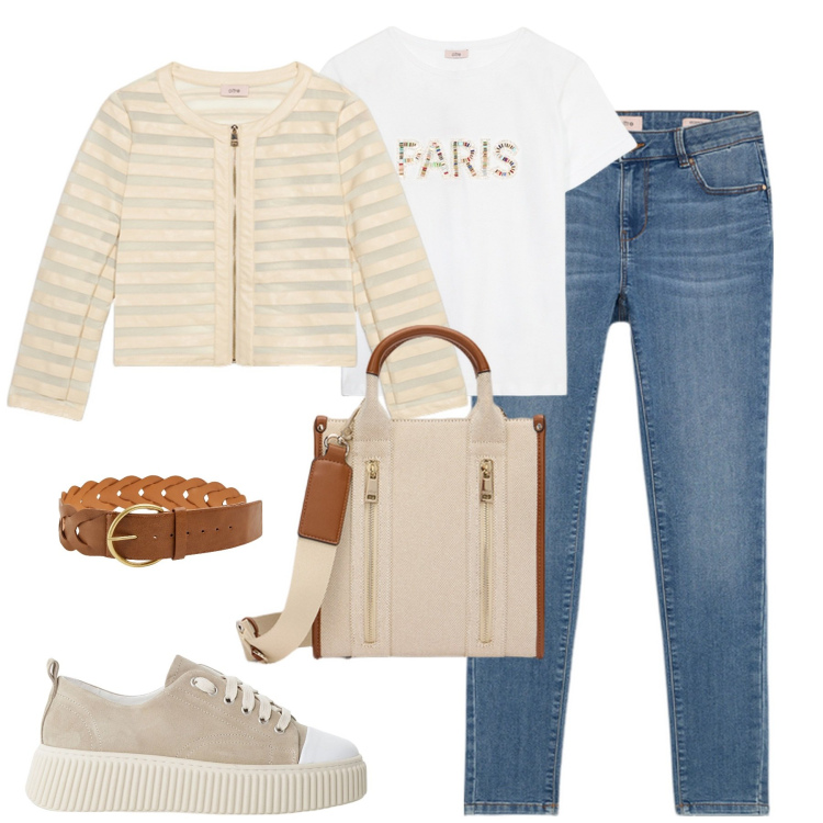 Outfit donna - City. Stile Casual chic per Tutti i giorni. Abbinamento con cinture, sneakers, blazer, jeans skinny, borse tote, t-shirt.