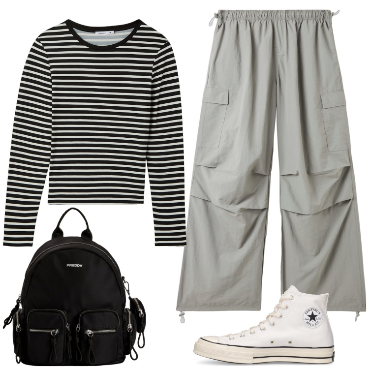 Outfit donna - Righe e cargo. Stile Casual per Tutti i giorni. Abbinamento con pantaloni cargo, maglieria, zaini, sneakers.