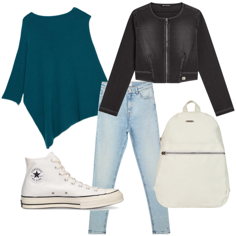Outfit donna - Sporty casual. Stile Casual per Tutti i giorni. Abbinamento con jeans skinny, blazer, zaini, maglieria, sneakers.