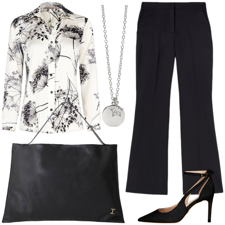 Outfit donna - Ufficio. Stile Casual chic per Ufficio. Abbinamento con ciondoli, camicie, décolleté, borse a spalla, pantaloni.