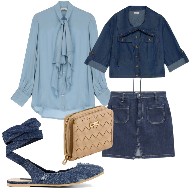 Outfit donna - Denim con camicia chic. Stile Casual chic per Tutti i giorni. Abbinamento con minigonne, bluse, ballerine, blazer, portafogli.