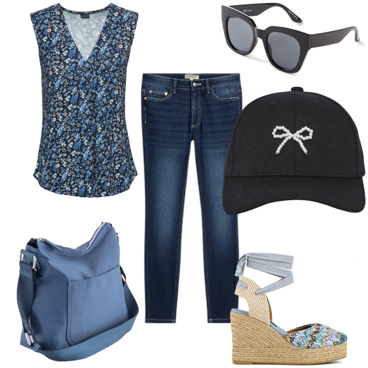 Outfit donna - Romantico berretto. Stile Trendy per Tutti i giorni. Abbinamento con top, jeans skinny, occhiali da sole, cappelli con visiera, sandali col tacco, borse a tracolla.