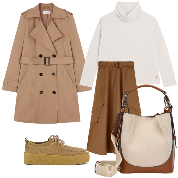 Outfit donna - Il trench. Stile Urban per Tutti i giorni. Abbinamento con maglieria, mocassini, trench, gonne, borse a mano.