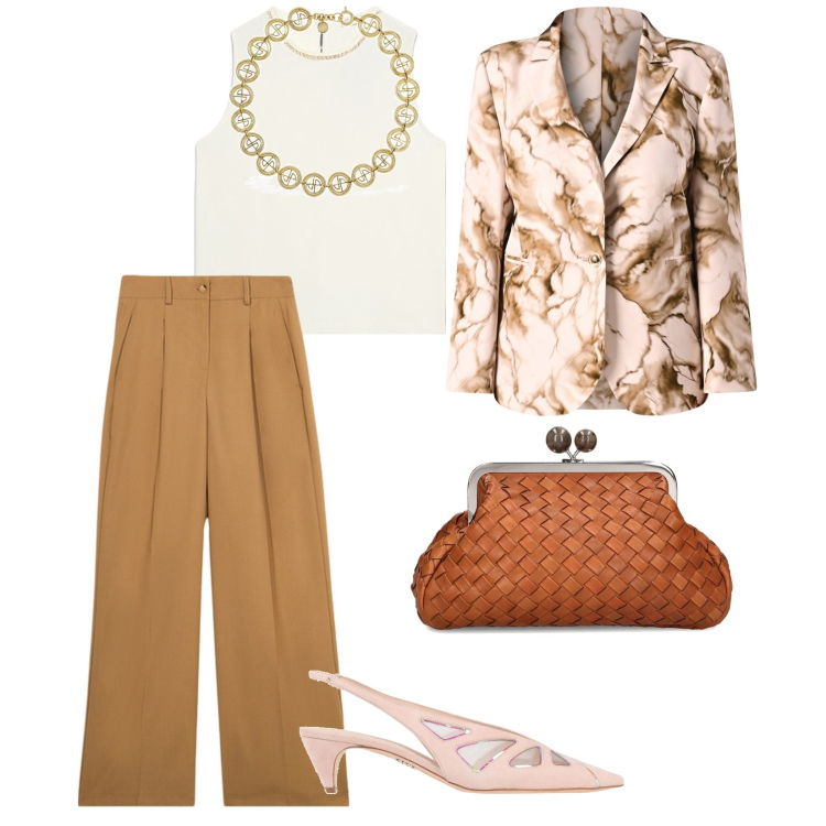 Outfit donna - Cerimonia al mare. per Cerimonia. Abbinamento con décolleté, blazer, pochette, collane, pantaloni a palazzo, top.