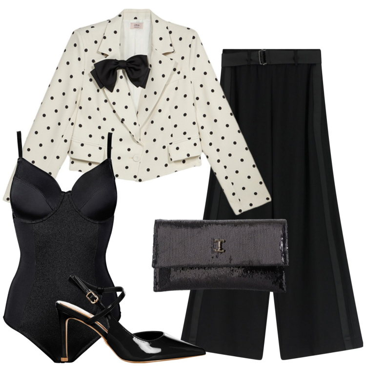 Outfit donna - Cerimonia in stile mannish. Stile Mannish per Cerimonia. Abbinamento con body, décolleté, borse a tracolla, pantaloni, blazer.