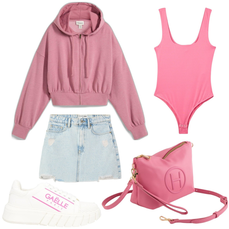 Outfit donna - Primavera rosa. Stile Casual per Scuola/Università. Abbinamento con felpe con cappuccio, sneakers, minigonne, body, valigie.