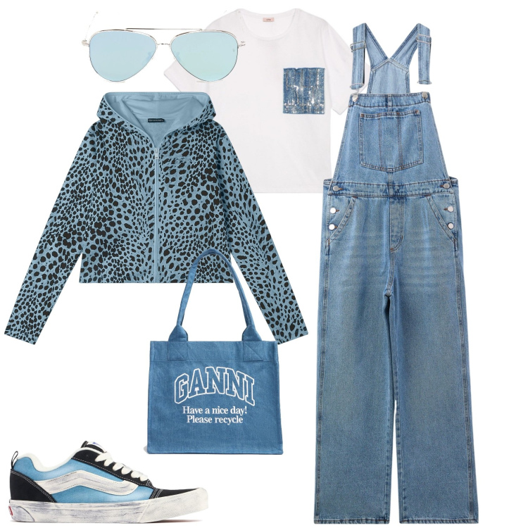 Outfit donna - Week end fuori porta. Stile Urban per Tutti i giorni. Abbinamento con salopette, felpe con cappuccio, shopping bag, sneakers, occhiali da sole, t-shirt.