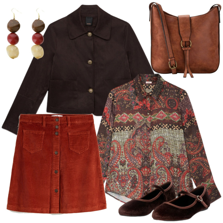 Outfit donna - Ballerine in stile etnico. Stile Boho per Tutti i giorni. Abbinamento con borse a tracolla, gonne, orecchini, camicie, ballerine, blazer.