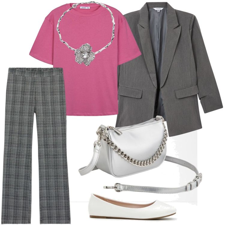 Outfit donna - La collana con fiore. Stile Casual chic per Ufficio. Abbinamento con ballerine, t-shirt, blazer, collane, borse a tracolla, pantaloni.