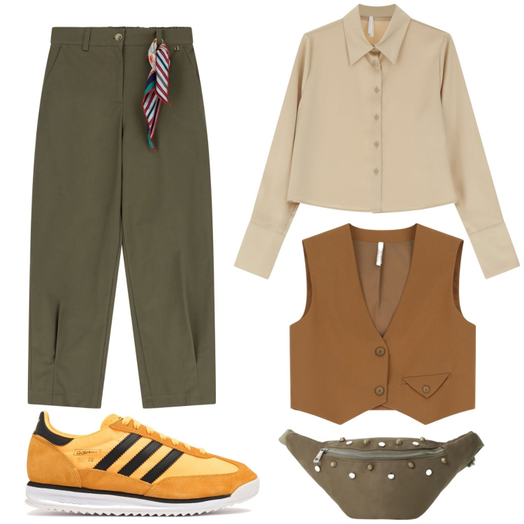 Outfit donna - Maschile. Stile Mannish per Scuola/Università. Abbinamento con camicie, gilet, marsupi, pantaloni chino, sneakers.