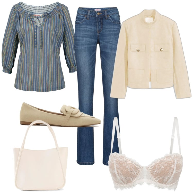 Outfit donna - Bonprix fantasia a righe. Stile Basic per Ufficio. Abbinamento con maglieria, jeans bootcut, mocassini, reggiseni a balconcino, blazer, shopping bag.