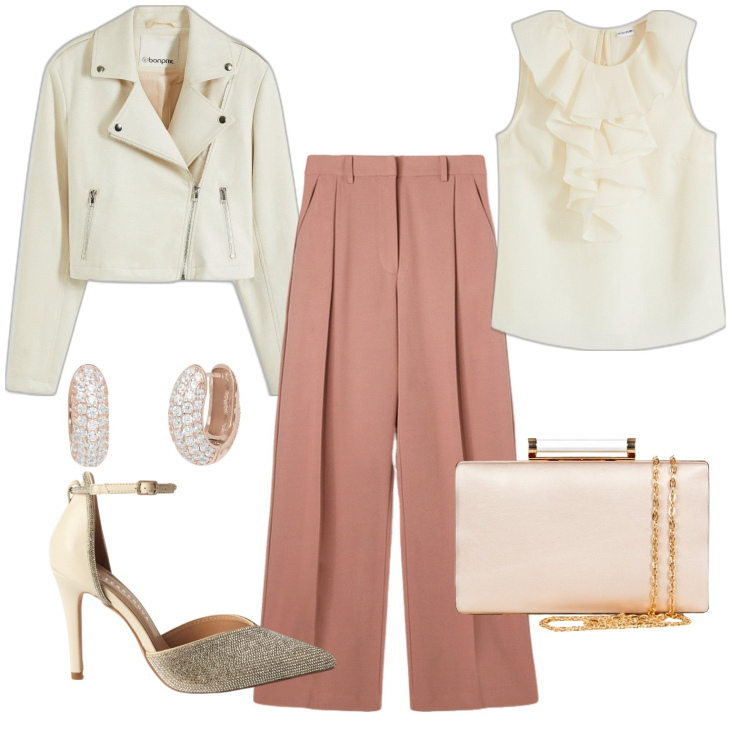 Outfit donna - Pantalone rosa a palazzo. Stile Romantica per Cerimonia. Abbinamento con blazer, bluse, décolleté, orecchini, clutch, pantaloni a palazzo.