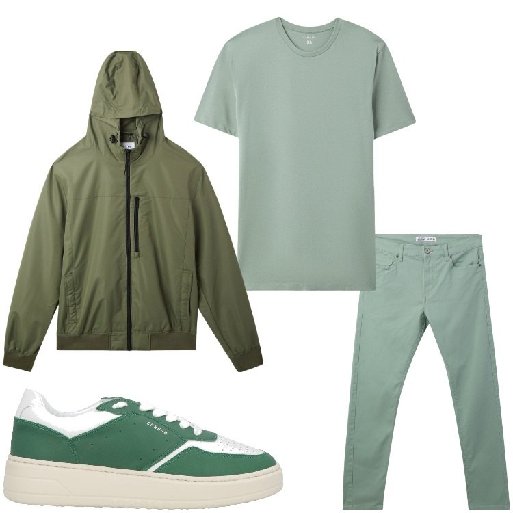 Outfit uomo - Declinazioni di verde. Stile Casual per Tutti i giorni. Abbinamento con sneakers, t-shirt, pantaloni skinny, giacche.