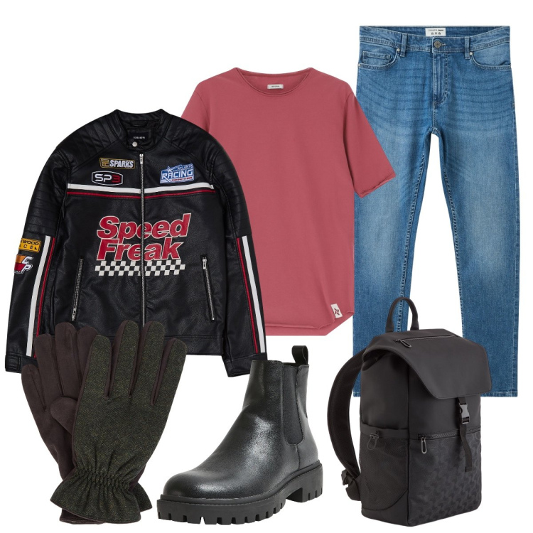 Outfit uomo - Oggi si va in moto. Stile Biker Rock per Tutti i giorni. Abbinamento con jeans skinny, giacche, stivali e stivaletti, t-shirt, guanti, borse sportive.