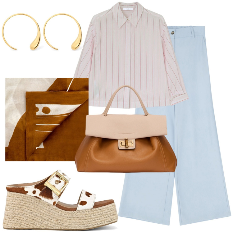 Outfit donna - Una giornata di sole. Stile Glamour per Tutti i giorni. Abbinamento con sciarpe, pantaloni a palazzo, zeppe, camicie, borse a tracolla, orecchini.