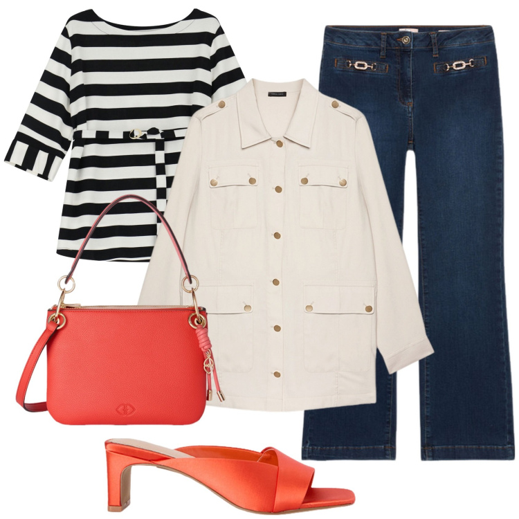 Outfit donna - Un tocco di colore. Stile Glamour per Tutti i giorni. Abbinamento con felpe, blazer, jeans, sabot, borse a tracolla.