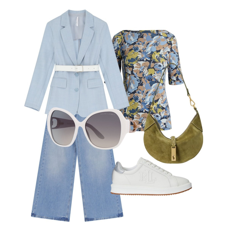 Outfit donna - Curvy Mood - Blossom. Stile Sporty chic per Ufficio. Abbinamento con jeans, blazer, occhiali da sole, sneakers, t-shirt, borse a spalla.