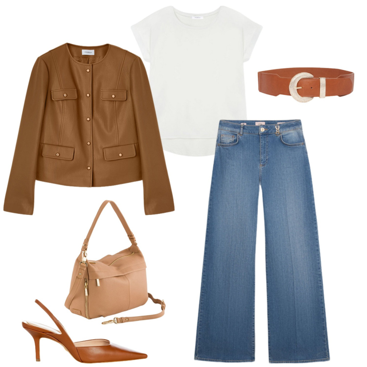 Outfit donna - Aperitivo tra amiche. Stile Casual chic per Tutti i giorni. Abbinamento con décolleté, jeans, blazer, borse a tracolla, cinture, t-shirt.