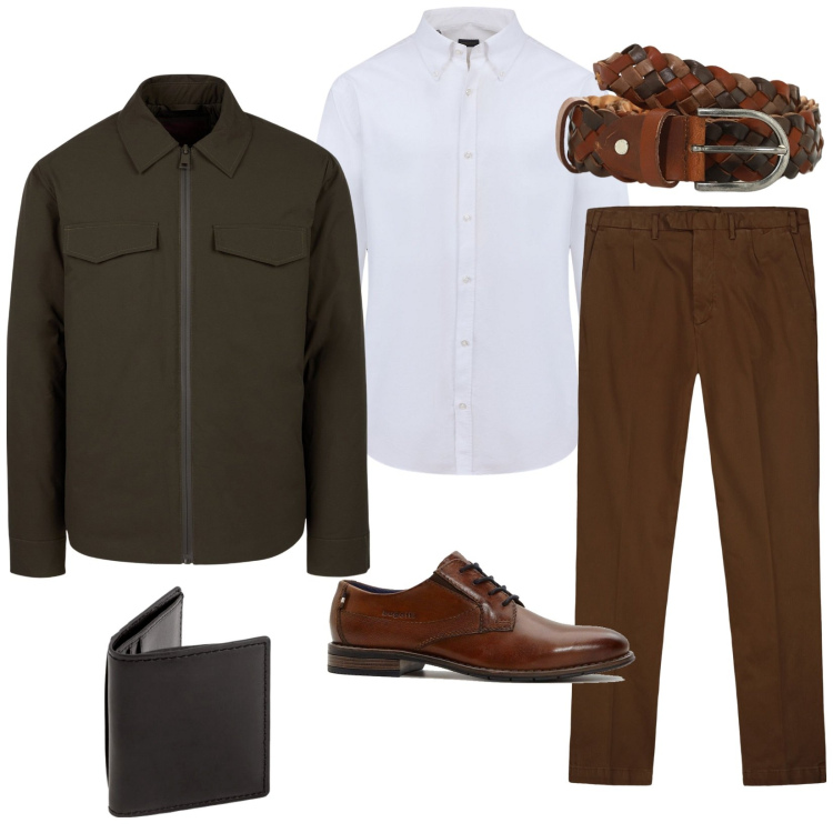 Outfit uomo - Colazione di lavoro. Stile Business/Elegante per Ufficio. Abbinamento con scarpe stringate, cinture, piumini, pantaloni, camicie, portafogli.