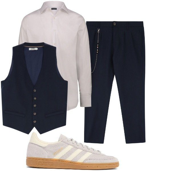 Outfit uomo - Classico e street in perfetto equilibrio. Stile Trendy per Ufficio. Abbinamento con pantaloni, gilet, sneakers, camicie.