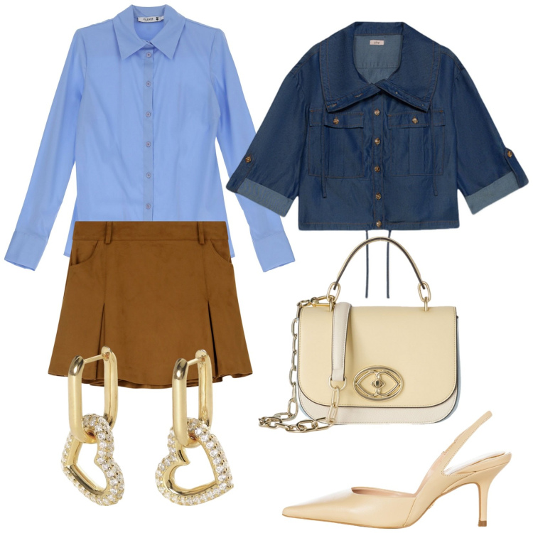 Outfit donna - Total look #2101779. Stile Trendy per Serata fuori. Abbinamento con orecchini, camicie, décolleté, minigonne, blazer, borse a tracolla.