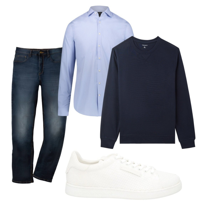 Outfit uomo - Total look #2101791. Stile Trendy per Ufficio. Abbinamento con jeans dritti, sneakers, felpe, camicie.