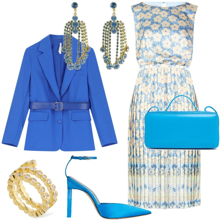 Outfit donna - Cerimonia elegante. Stile Glamour per Cerimonia. Abbinamento con décolleté, vestiti midi/longuette, blazer, orecchini, anelli, borse a spalla.