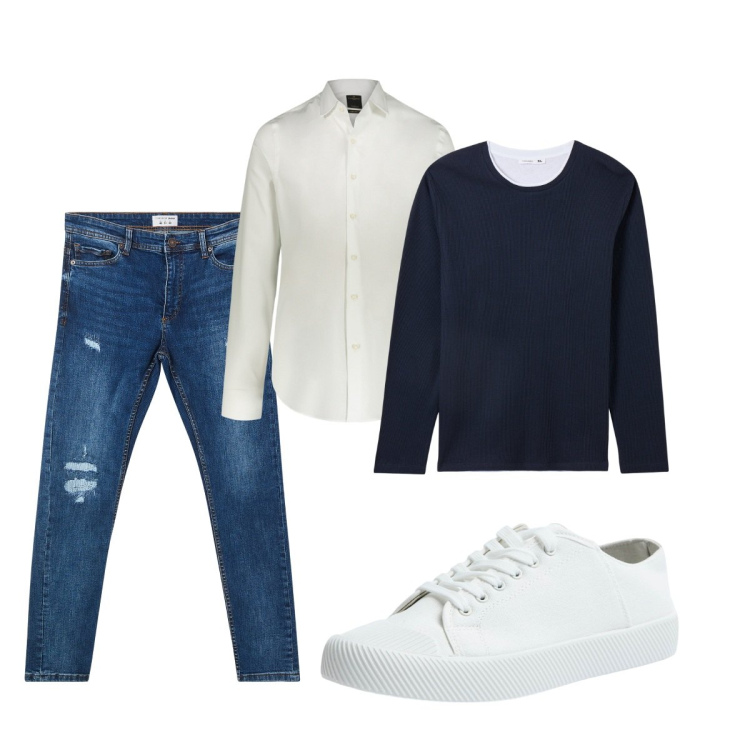 Outfit uomo - Total look #2101795. Stile Casual per Tutti i giorni. Abbinamento con maglieria, sneakers, jeans strappati, camicie.