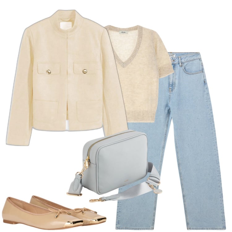 Outfit donna - City. Stile Trendy per Tutti i giorni. Abbinamento con blazer, jeans, maglieria, ballerine, borse a tracolla.