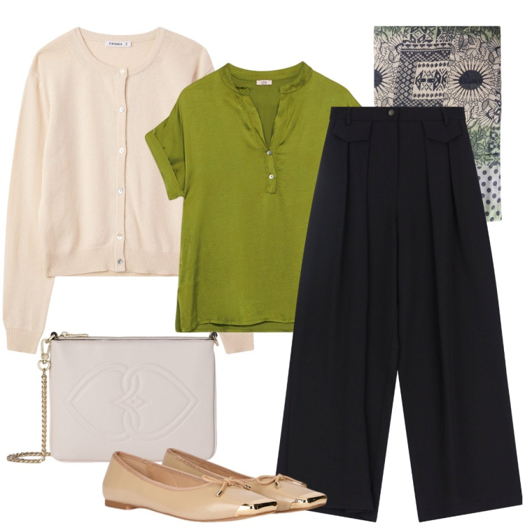 Outfit donna - La blusa verde. Stile Bon Ton per Tutti i giorni. Abbinamento con cardigans, pantaloni, stole, bluse, ballerine, pochette.