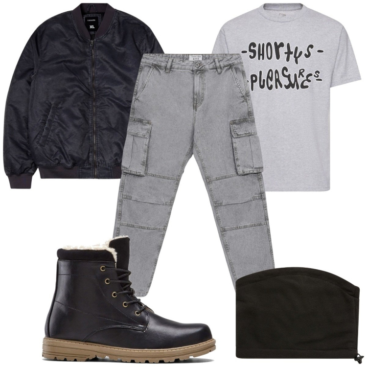 Outfit uomo - Total look #2101800. Stile Urban per Tutti i giorni. Abbinamento con stivali e stivaletti, bomber, scaldacollo, jeans, t-shirt.