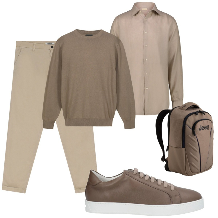 Outfit uomo - Tono su tono. Stile Trendy per Ufficio. Abbinamento con sneakers, pantaloni chino, maglieria, camicie, borse sportive.