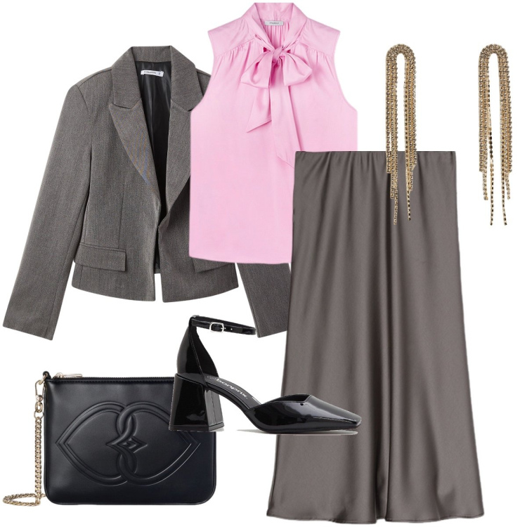 Outfit donna - Rosa con il fiocco. Stile Glamour per Cerimonia. Abbinamento con décolleté, blazer, orecchini, gonne longuette, top, pochette.