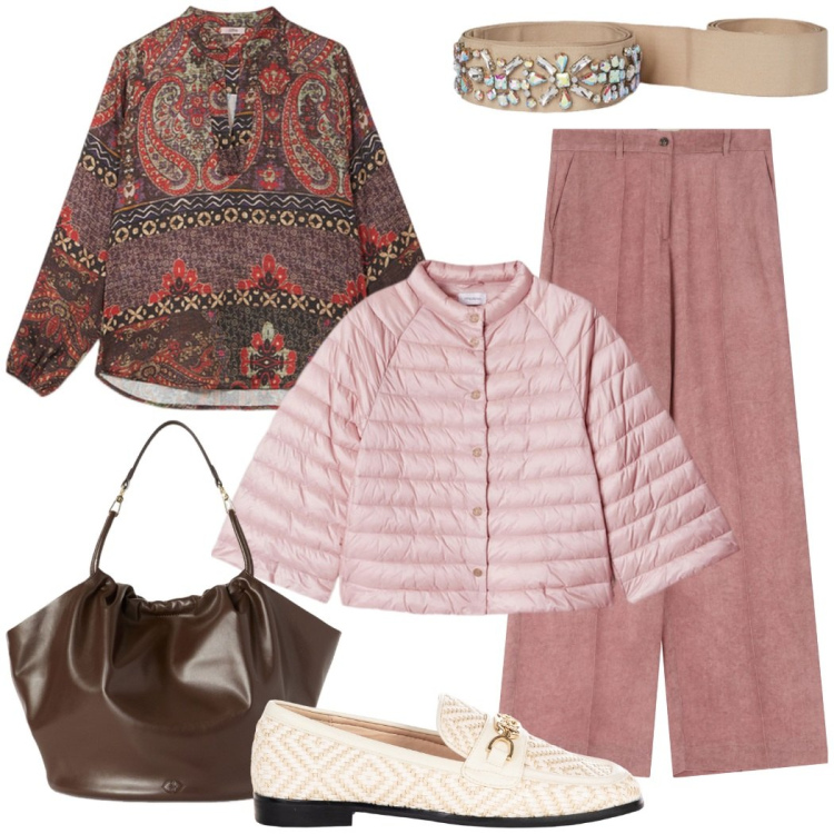 Outfit donna - Rosa e cioccolato. Stile Casual chic per Ufficio. Abbinamento con mocassini, pantaloni a palazzo, cinture, cappe, bluse, borse a secchiello.