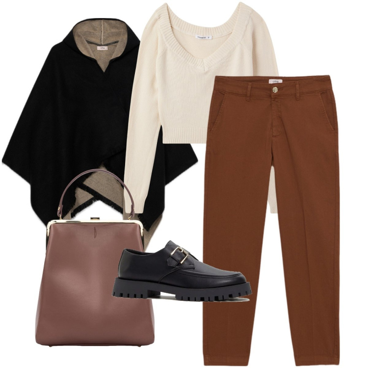 Outfit donna - Il poncho bicolor. Stile Casual chic per Ufficio. Abbinamento con mocassini, maglieria, borse a spalla, cappotti, pantaloni chino.