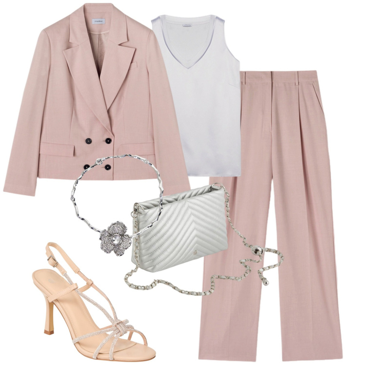 Outfit donna - Cerimonia semplice. Stile Chic per Cerimonia. Abbinamento con sandali col tacco, collane, top, pantaloni a palazzo, blazer, borse a tracolla.