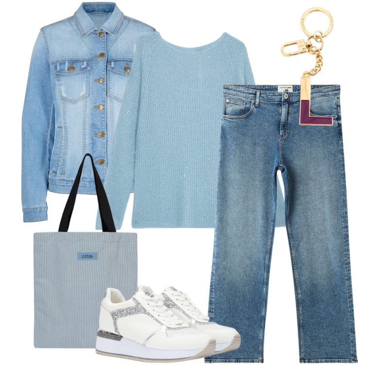 Outfit donna - Lurex di giorno. Stile Basic per Tutti i giorni. Abbinamento con blazer, jeans dritti, maglieria, shopping bag, sneakers, portachiavi.