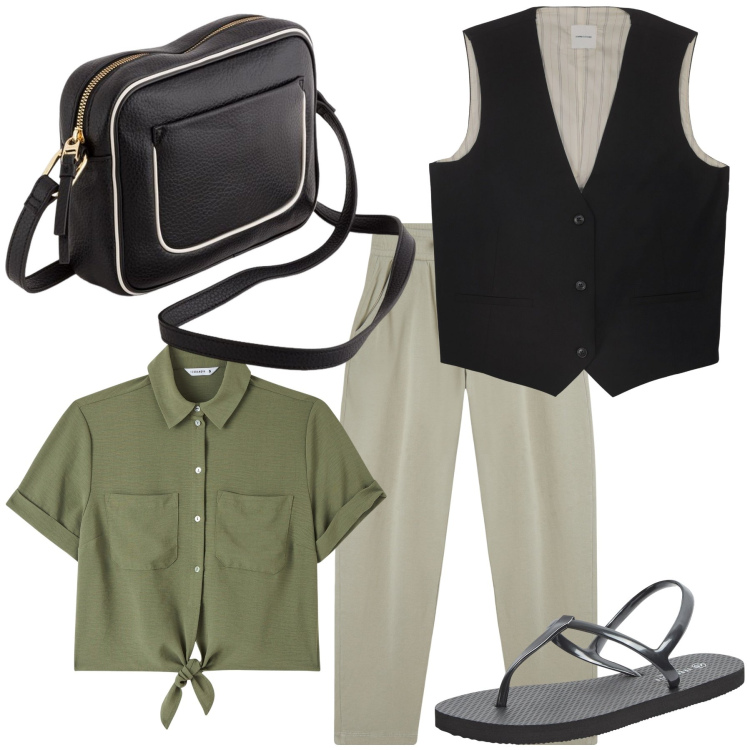 Outfit donna - Fresco look. Stile Trendy per Tutti i giorni. Abbinamento con sandali, camicie a manica corta, pantaloni, borse a tracolla, gilet.