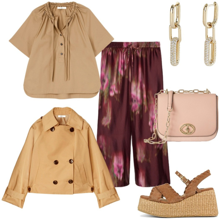 Outfit donna - Total look #2101815. Stile Casual chic per Tutti i giorni. Abbinamento con orecchini, zeppe, pantaloni a palazzo, borse a tracolla, camicie a manica corta, trench.