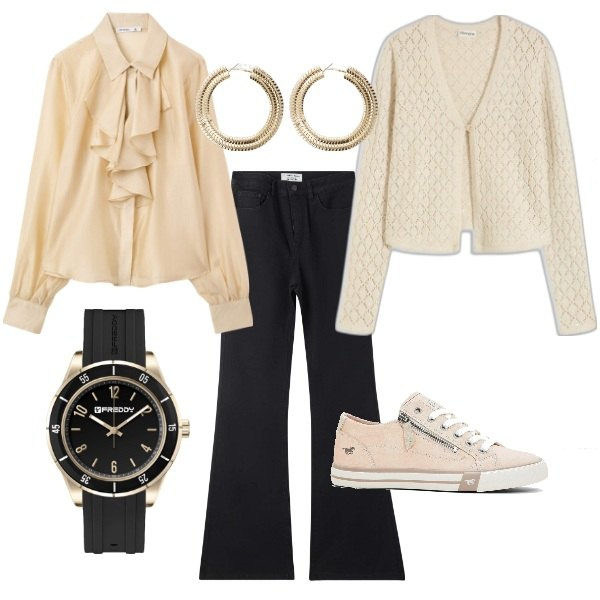 Outfit donna - Aspettando la primavera. Stile Casual per Tutti i giorni. Abbinamento con cardigans, sneakers, camicie, jeans a zampa, orologi, orecchini.