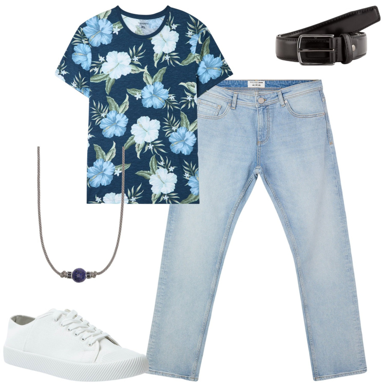 Outfit uomo - City. Stile Casual per Tutti i giorni. Abbinamento con t-shirt, jeans, sneakers, collane, cinture.