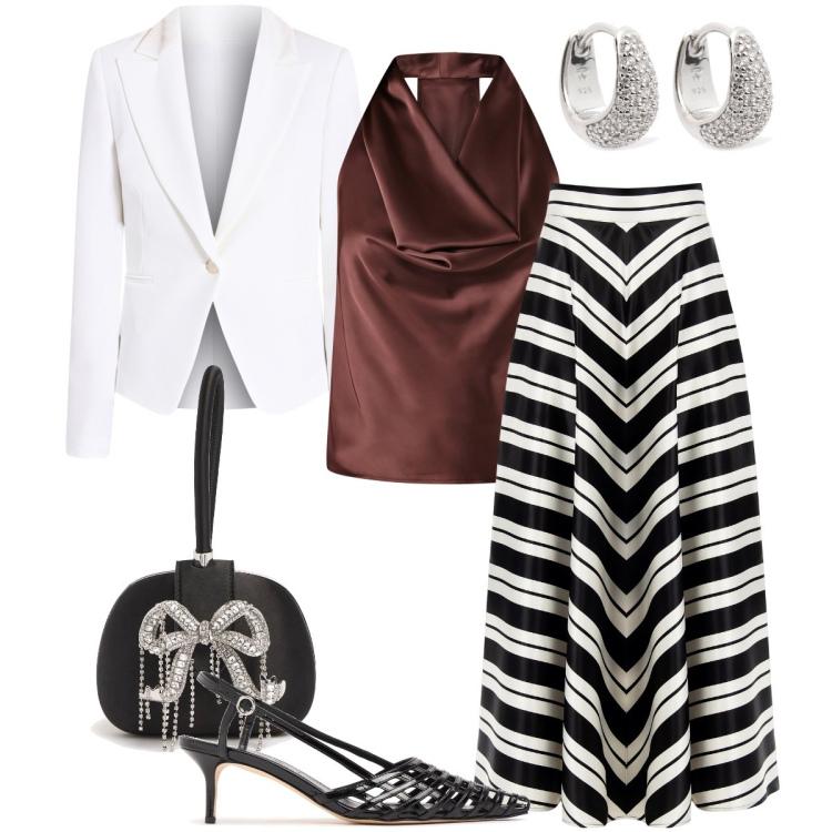 Outfit donna - Super chic. Stile Chic per Cerimonia. Abbinamento con blazer, gonne, top, scarpe col tacco, pochette, orecchini.