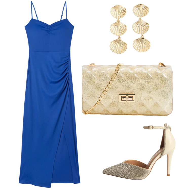 Outfit donna - La damigella della sposa. Stile Chic per Cerimonia. Abbinamento con décolleté, orecchini, vestiti lunghi, borse a tracolla.